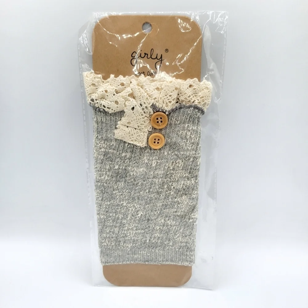 Girly Knit Lace Trim Boot Topper Boot Cuff Gray